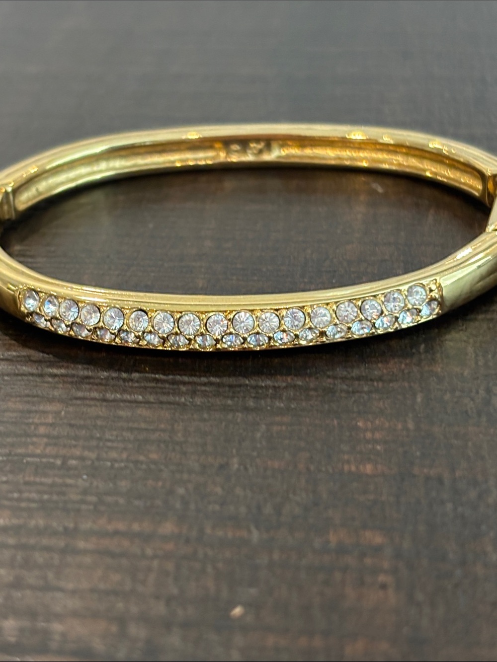 Vintage Swarovski Gold Tone Clear Crystal Hinged Bangle Bracelet Signed Swan